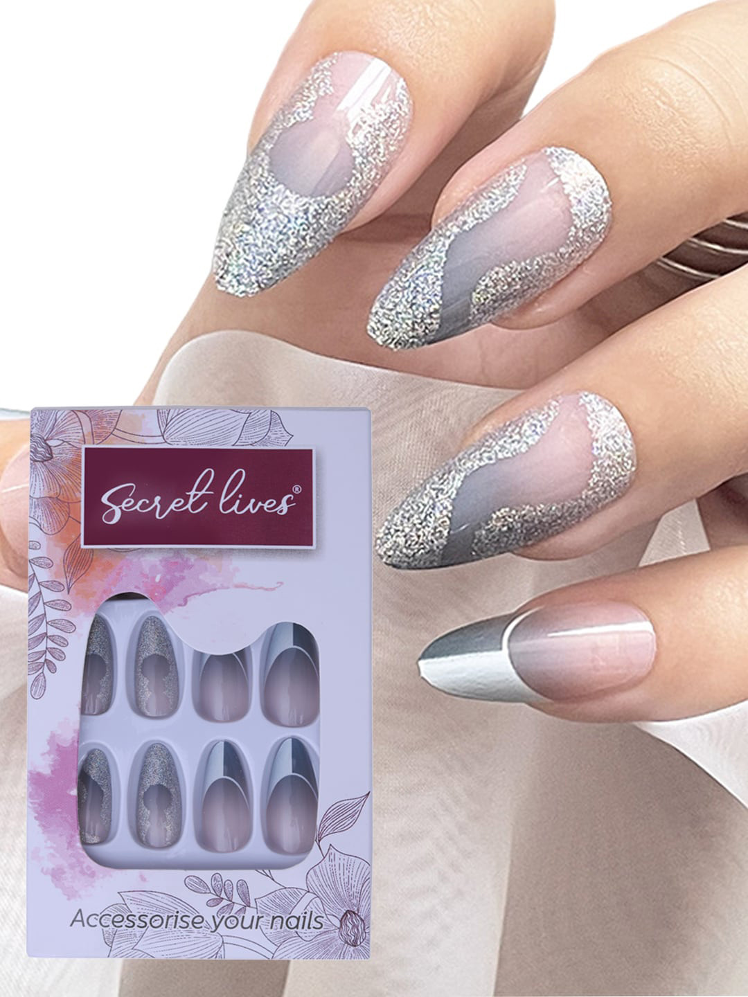 Secret Lives 24 Pcs Glossy Bottom with Glitter Fake Nails - Grey