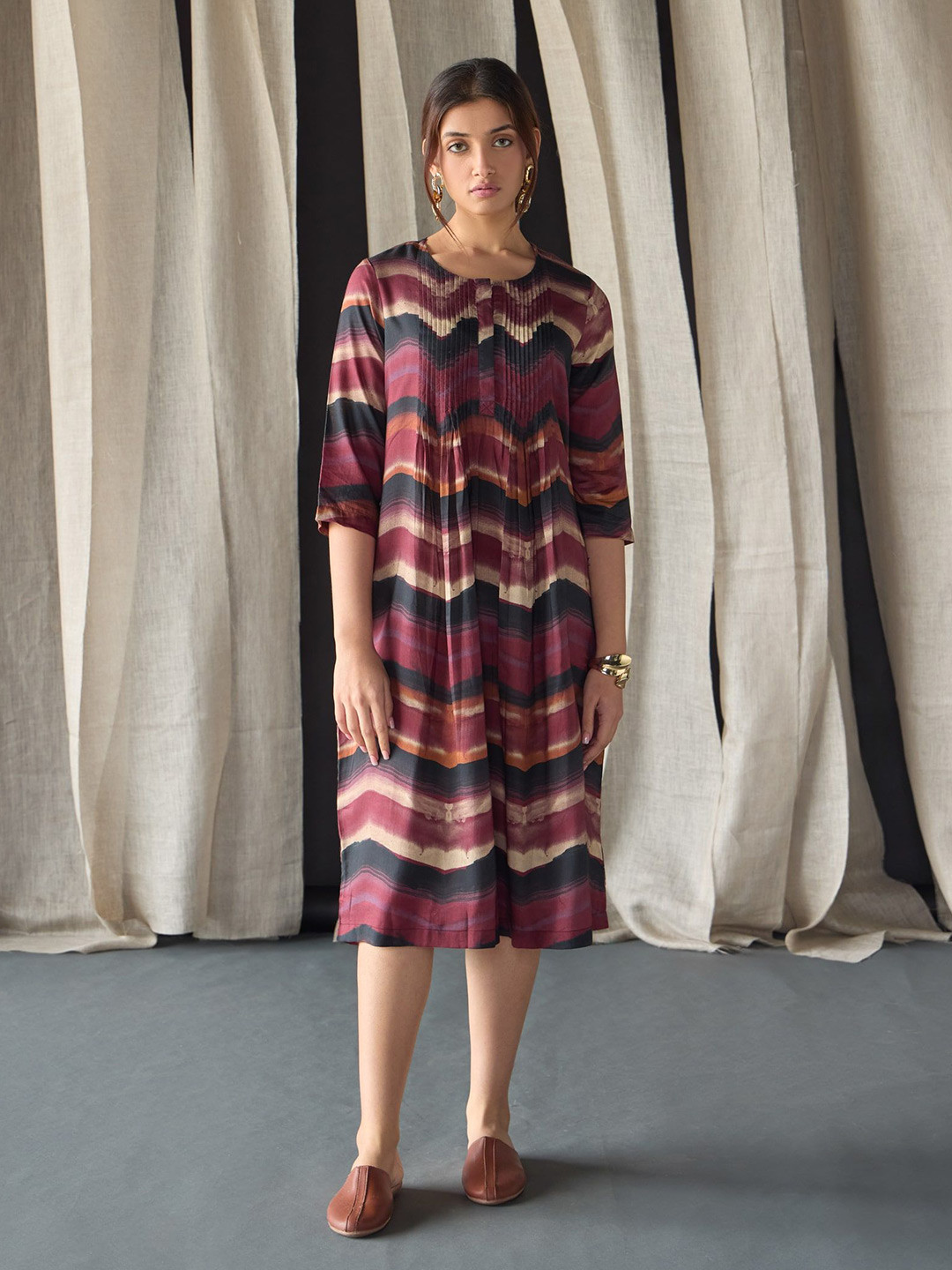 Bombay Bloom Printed Pleated A-Line Dress