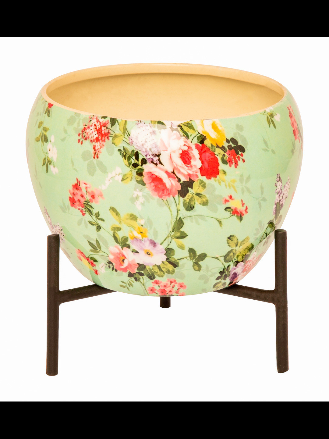 House of Sajja Green & Pink Floral Ceramic Planter With Stand
