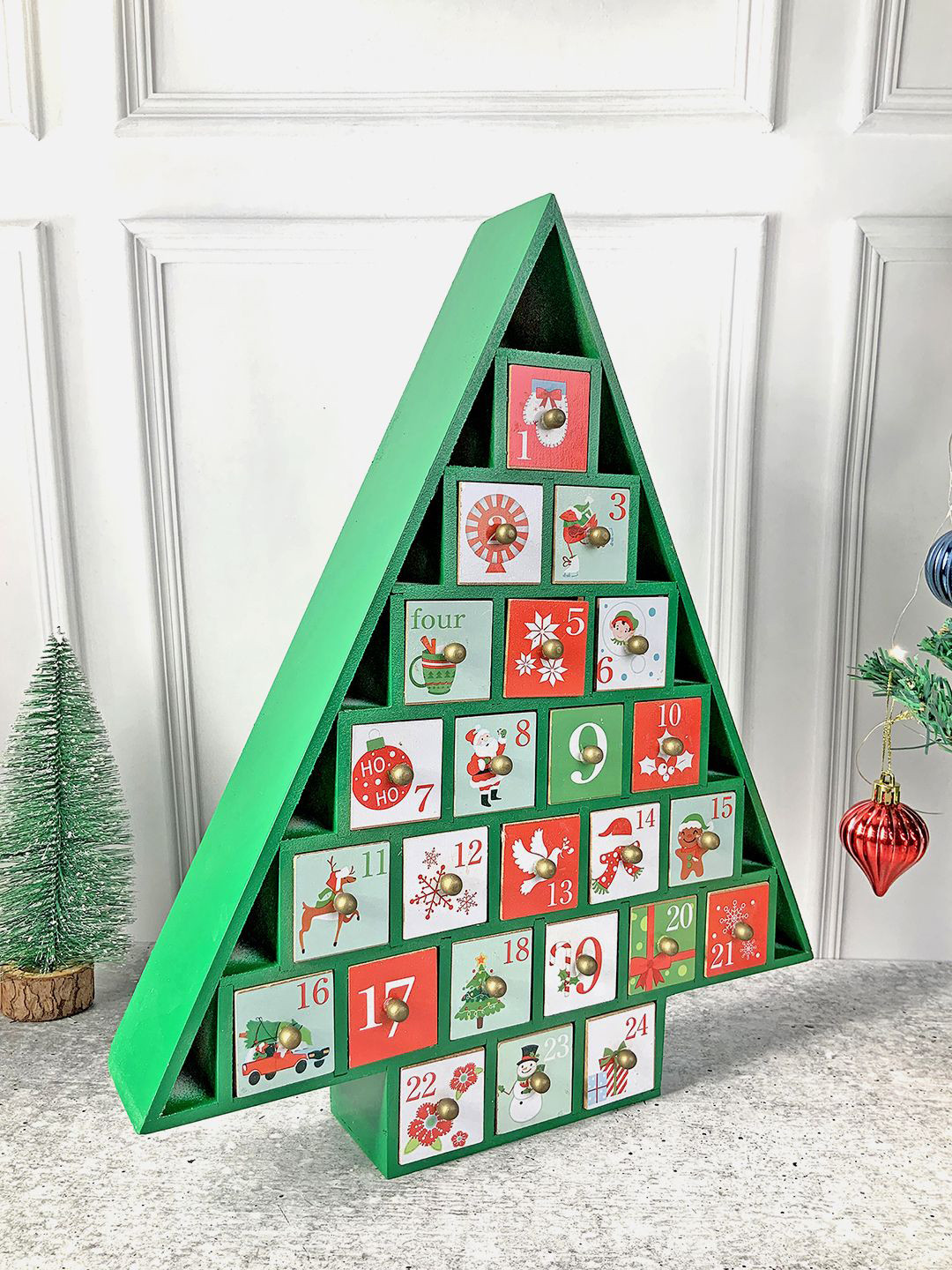 Little Surprise Box LLP Green Wooden Tree Shape Advent Calendar For Christmas Showpieces