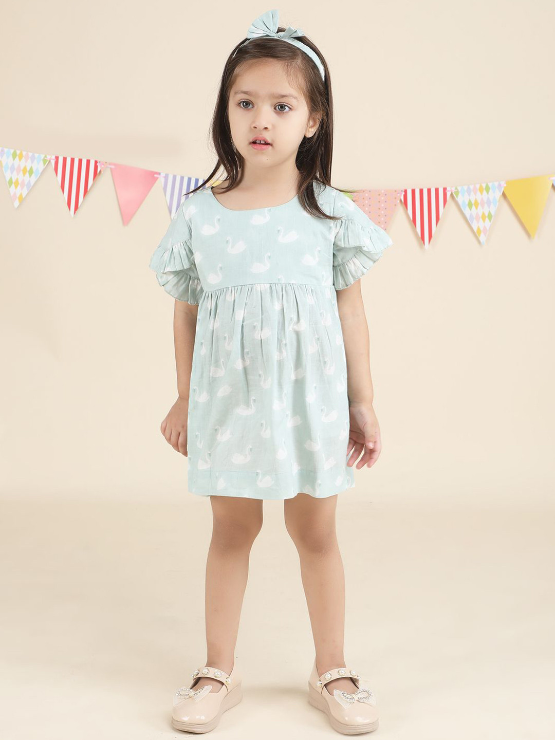 Polka Tots Girls Swan Printed A-Line Dress With Headband