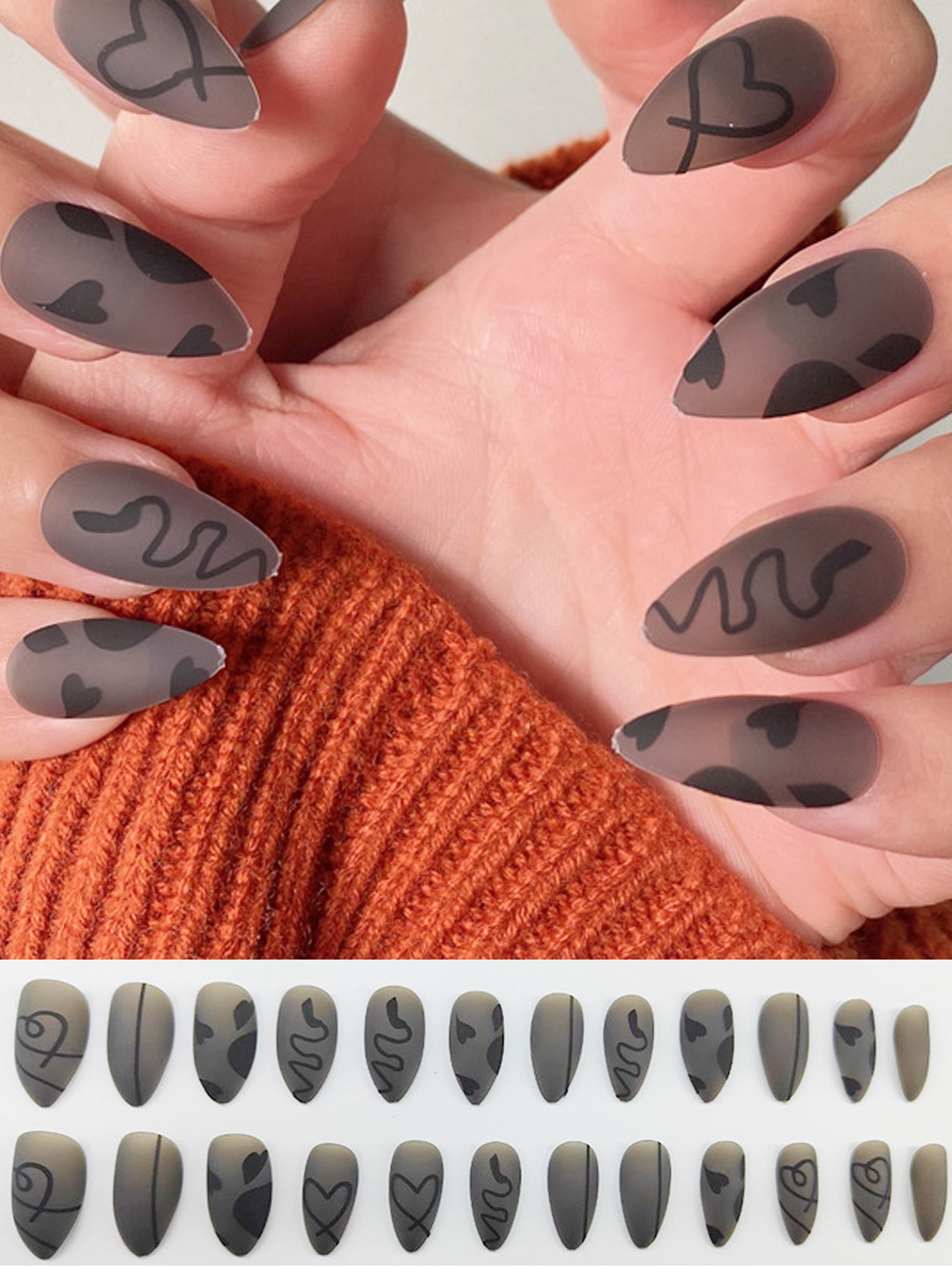 Secret Lives 24 Pcs Glossy Almond Heart Fake Nail - Brown