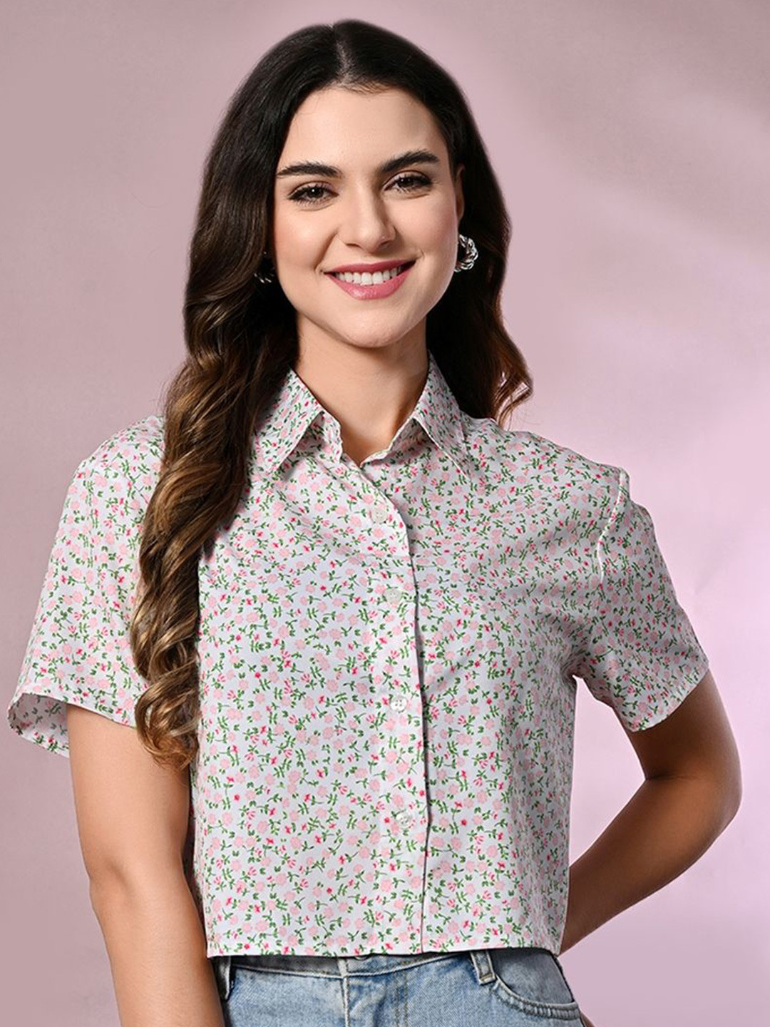 Fuchsia Women Spread Collar Floral Printed Boxy Casual Shirt
