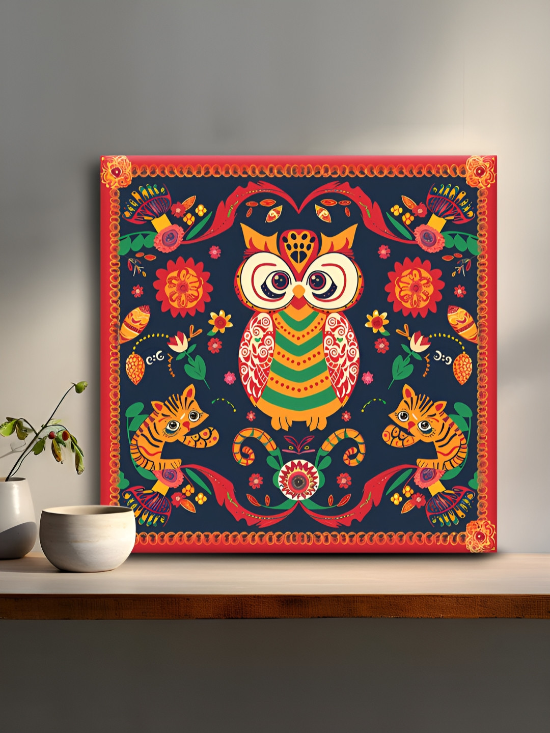 OLIVE TREE Red & Green Owl Canvas Painting Wall Art