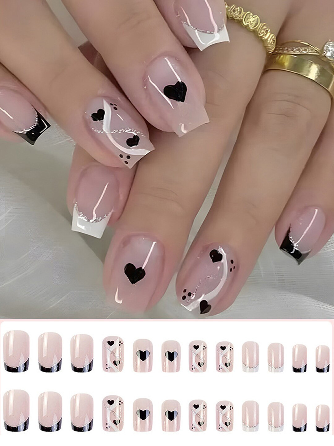 Secret Lives 24 Pieces of Black Love Nail Tips - Nude & Black