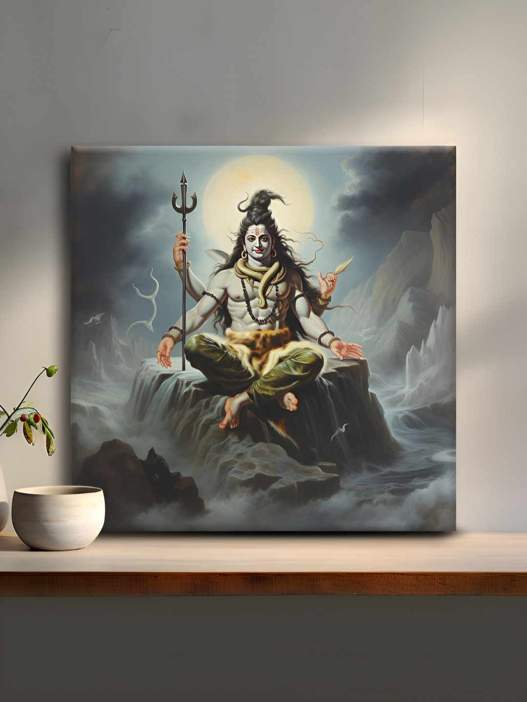 OLIVE TREE Grey & Olive Green Lord Shiva Canvas Painting Wall Art