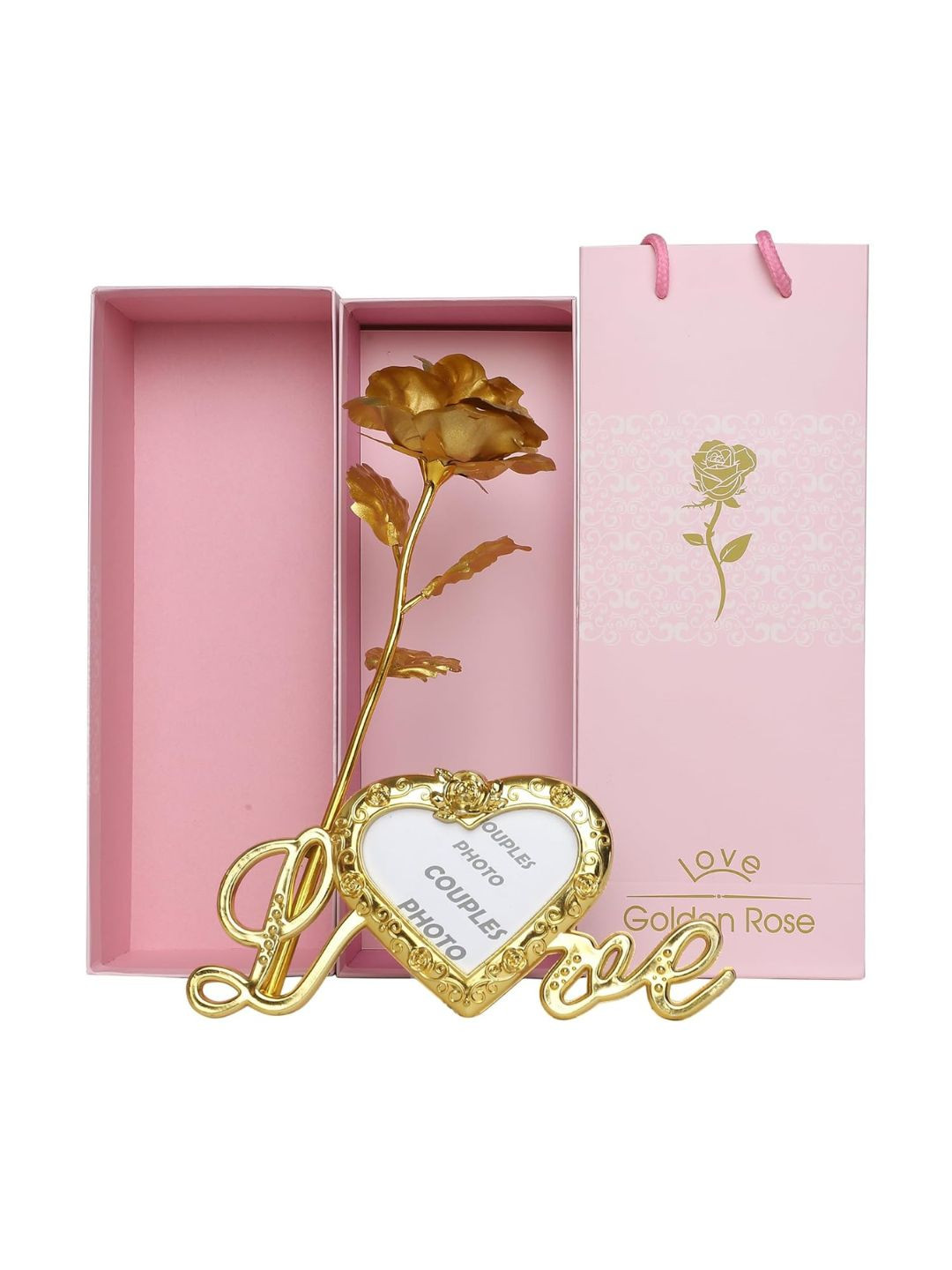 INTERNATIONAL GIFT Gold Toned Artificial Rose with Love Shape Photo Frame and Carry Bag