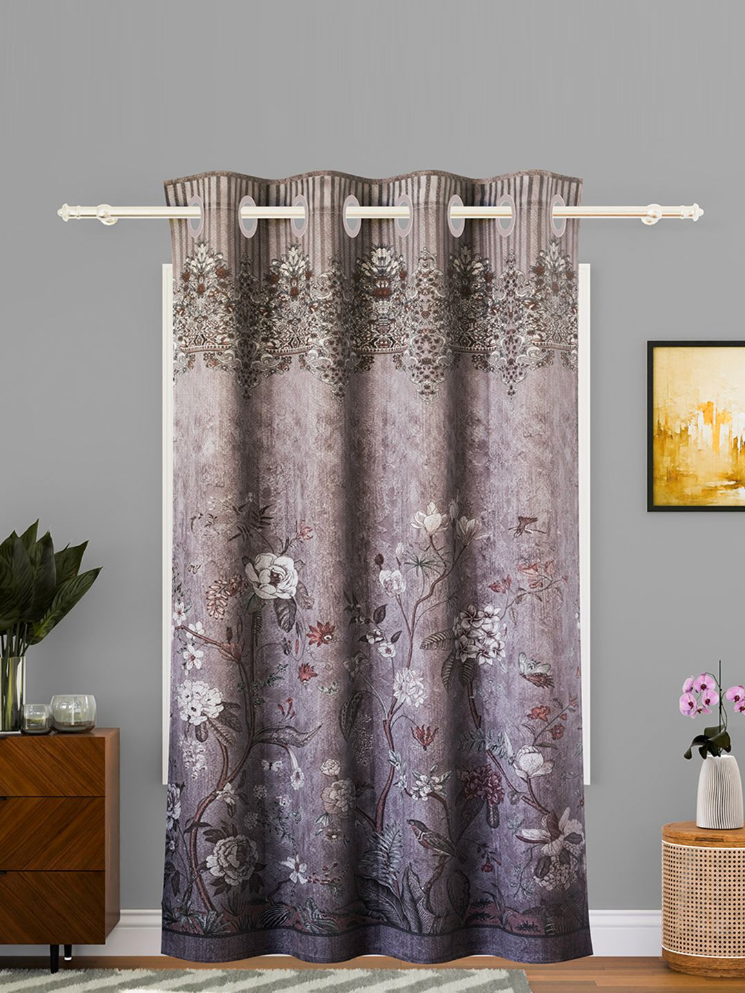 Kuber Industries Brown & Purple Floral Printed Eyelet Cotton Door Curtain