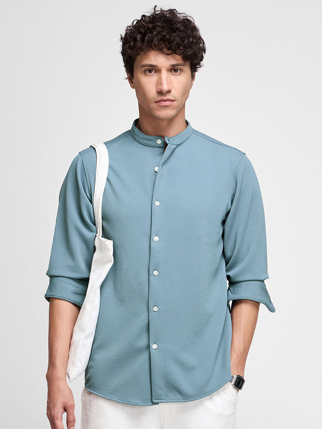 Red Flame Men Band Collar Textured Casual Shirt
