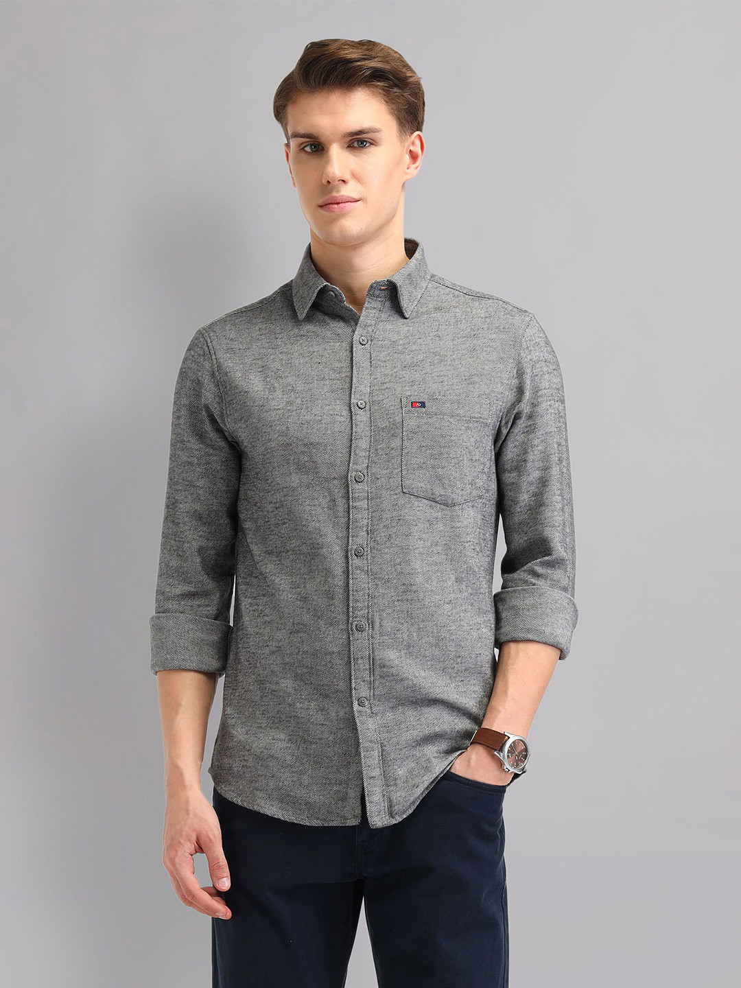 AD By Arvind Men Spread Collar Solid Cotton Slim Fit Casual Shirt