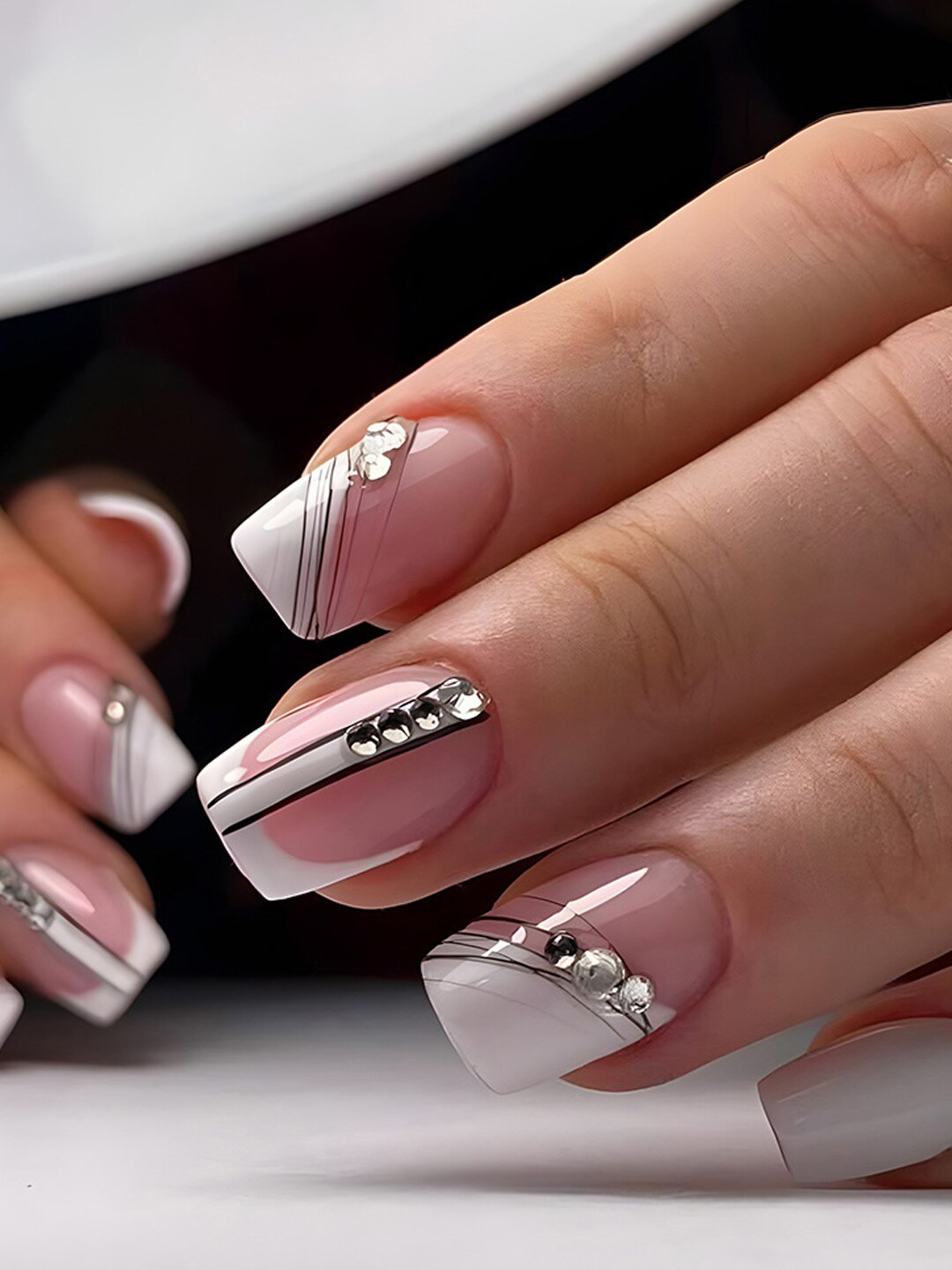 Secret Lives 24 Pieces 3D Studs Nail Tips - White & Pink