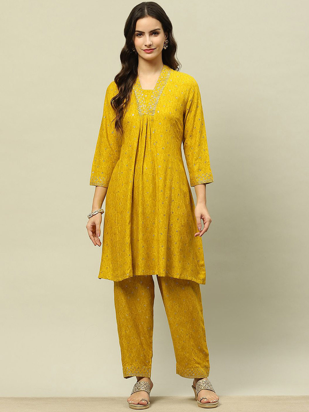 Rangriti Geometric Kalidar Printed Beads and Stones A-Line Kurta with Palazzos