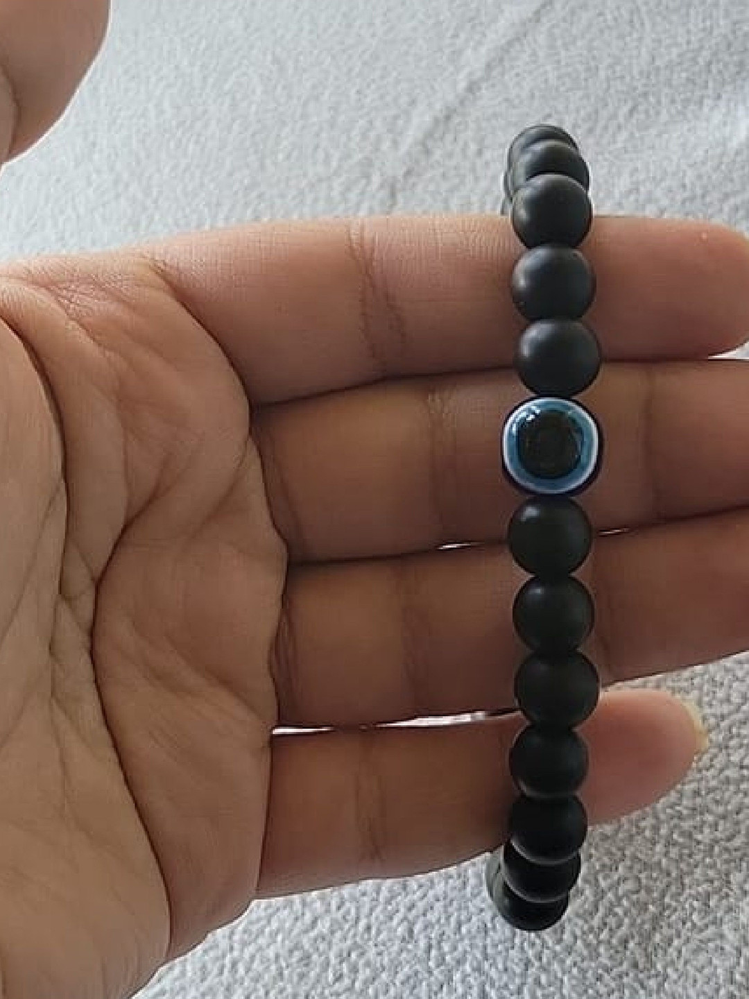 RUHI COLLECTION Unisex Protective Stylish Wood  Evil Eye Onyx Beaded Elasticated Bracelet