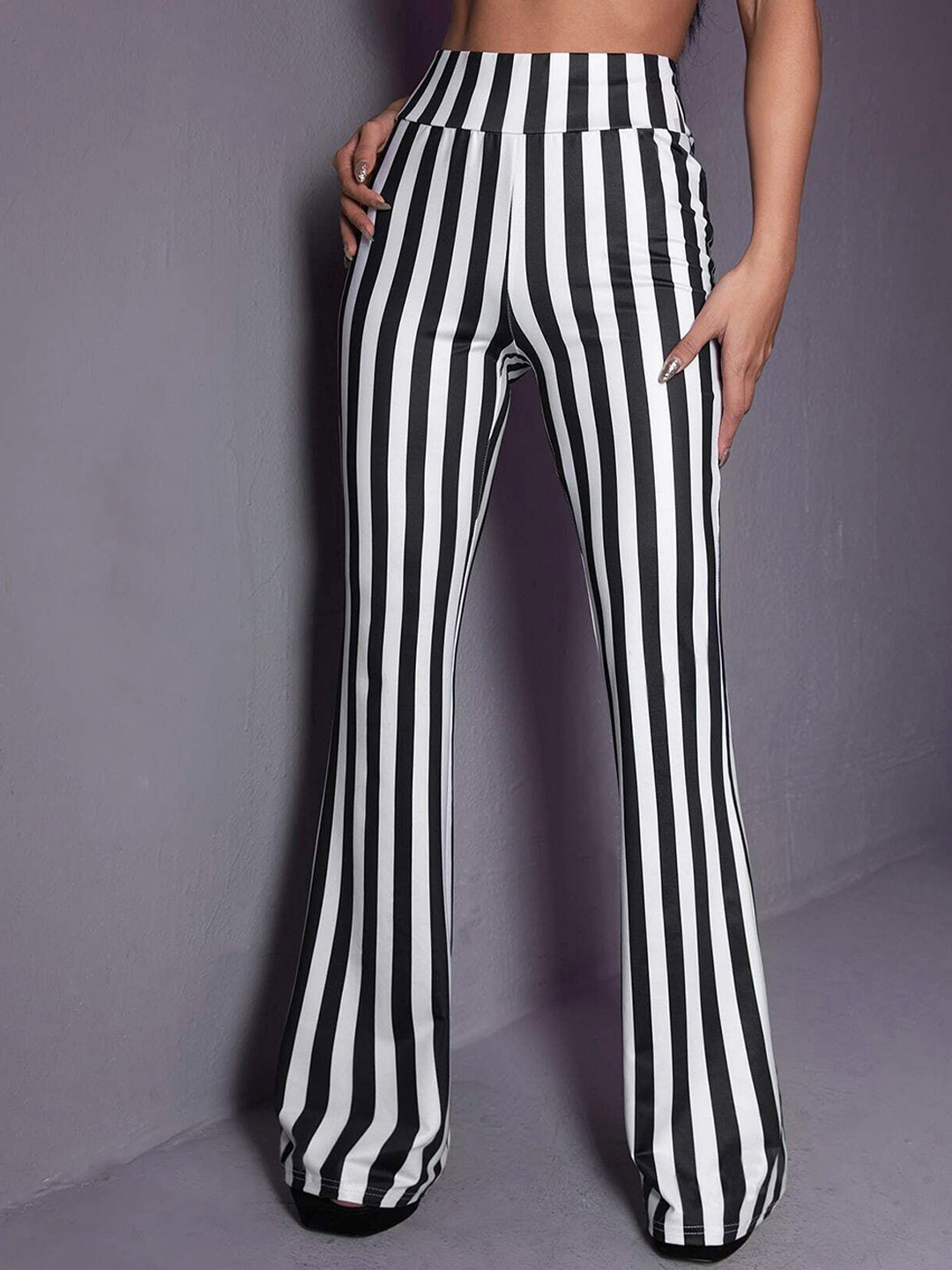Stylecast X Slyck Striped Pattern Bootcut Trouser