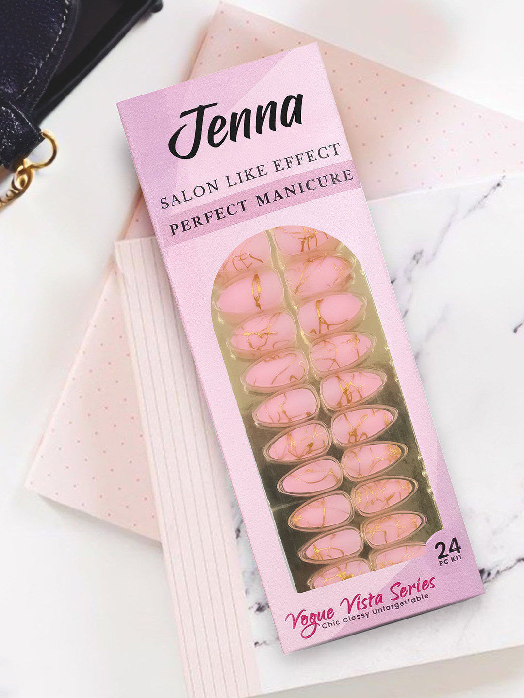 JENNA 24 Pcs French Tip Almond Shape Press-On Acrylic Artificial Nails - Pink