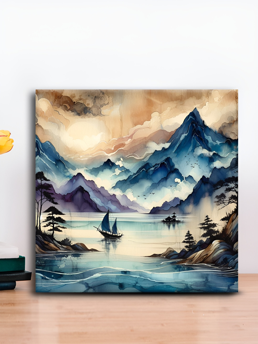OLIVE TREE Beige & Blue Mountains Canvas Painting Wall Art