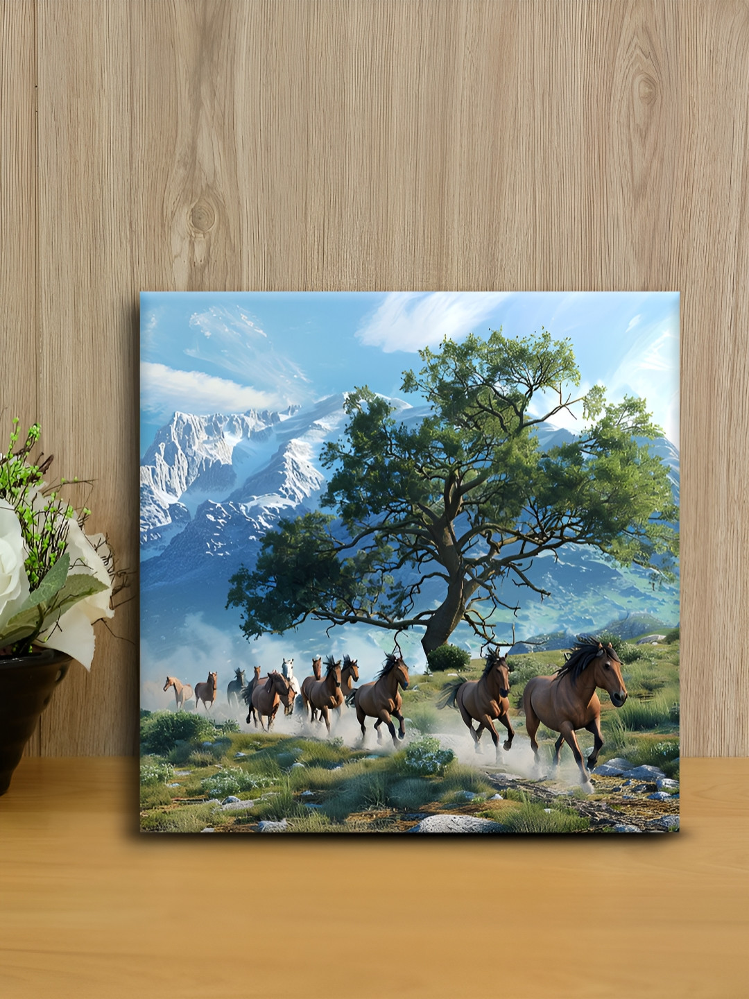 OLIVE TREE Blue & Green Canvas Horses & Trees Painting Wall Art