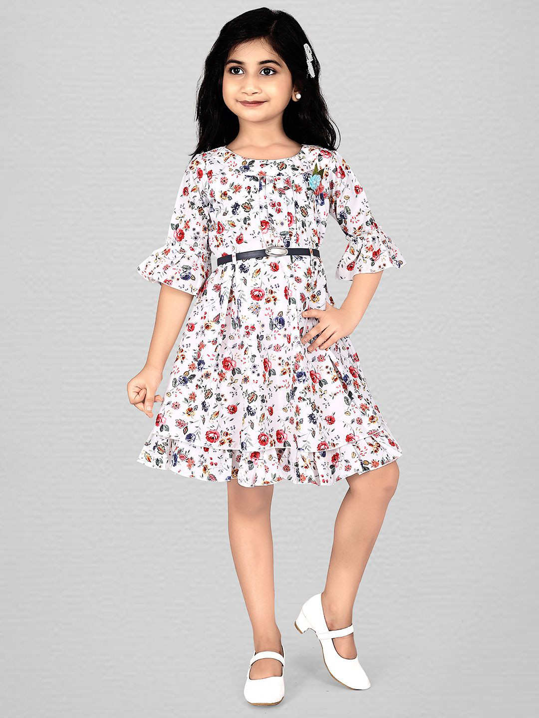 Fabangel Girls Floral Printed Belted Fit and Flare Dress