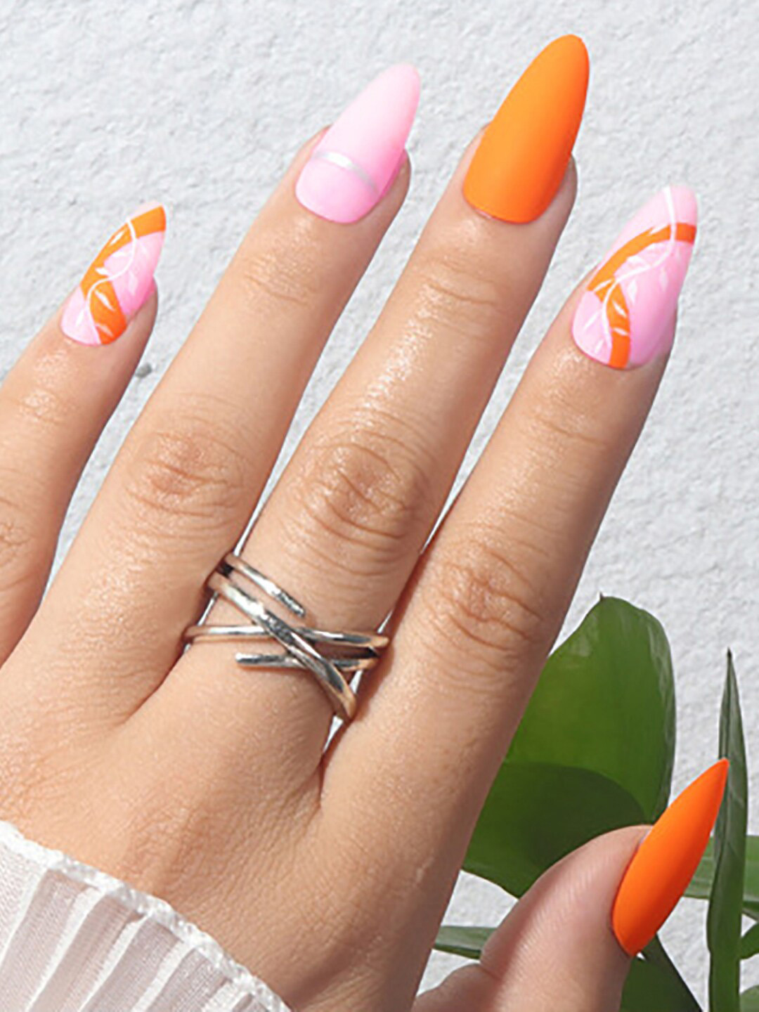 Secret Lives 24 Pcs Almond White Leaves Fake Nails Design - Pink