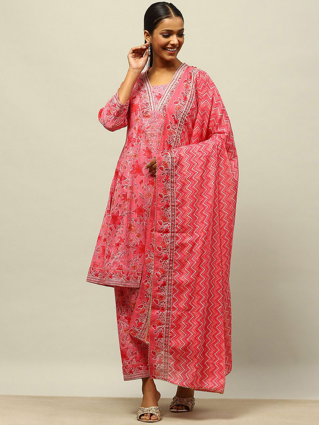 Rangriti Floral Printed Cotton Lurex A-Line Kurta With Trousers & Dupatta