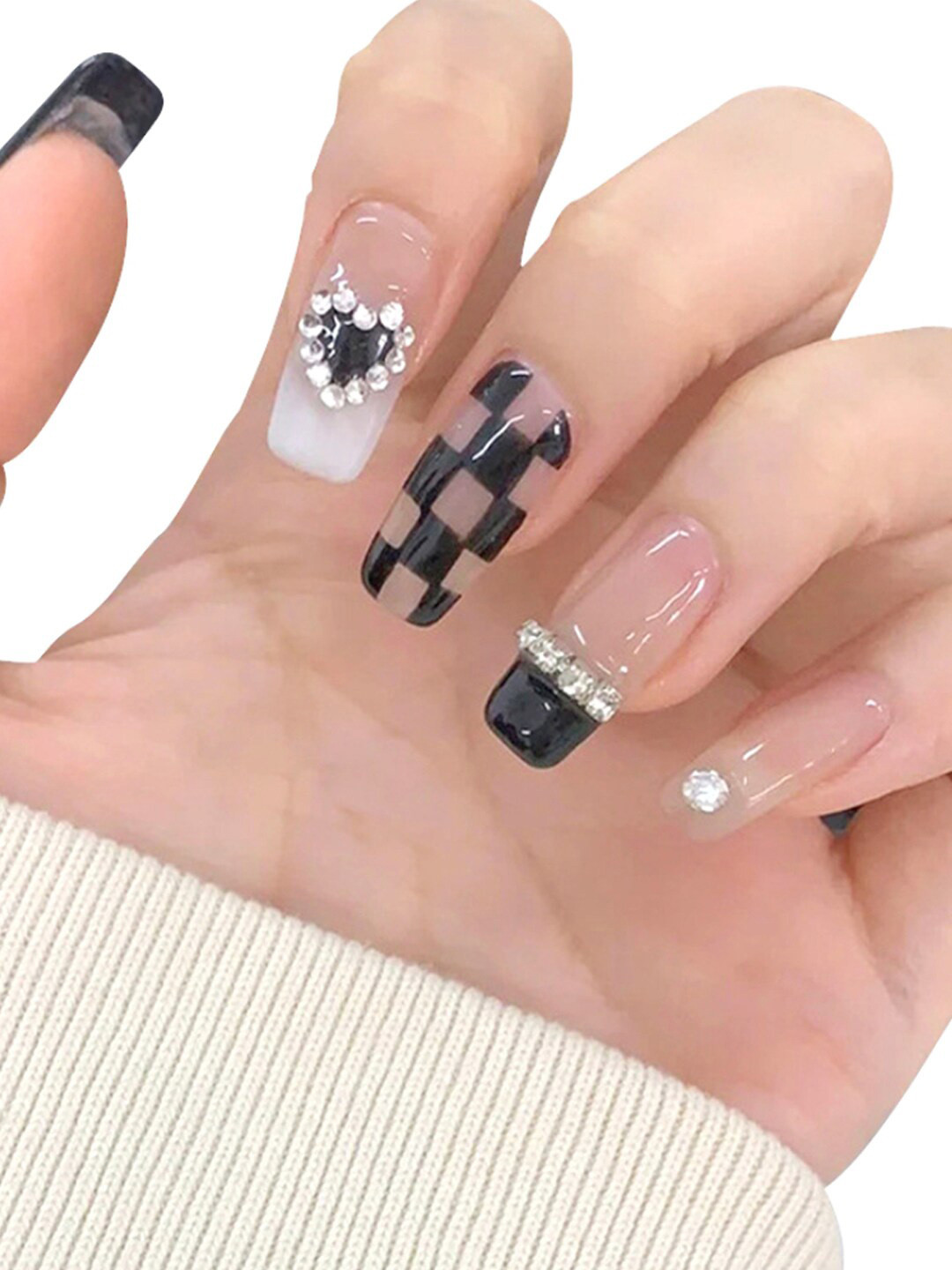 Secret Lives 24 Pcs French Pearl False Nails with Manicure Kit - Black & Pink