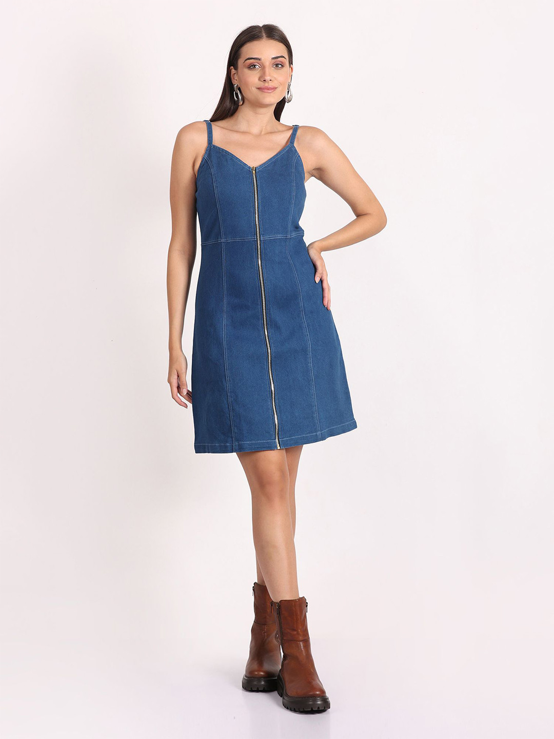 SUMAVI-FASHION Women Cotton Denim Zipper A-Line Dress