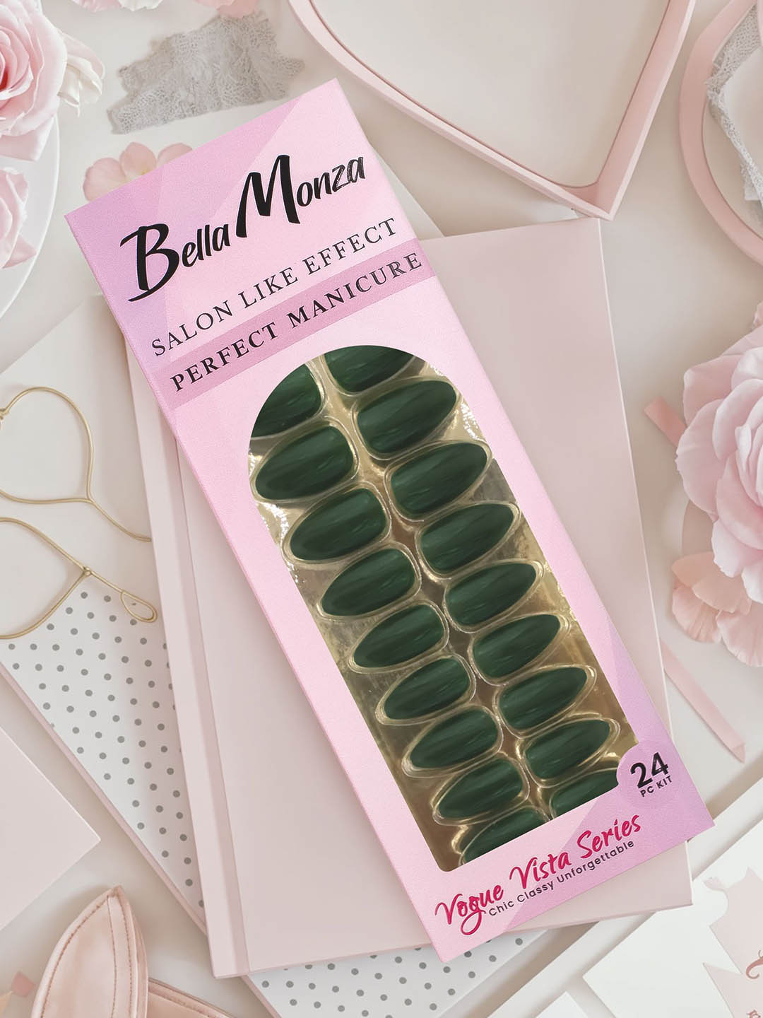 JENNA 24 Pcs French Tip Almond Shape Press-On Artificial Nails - Green