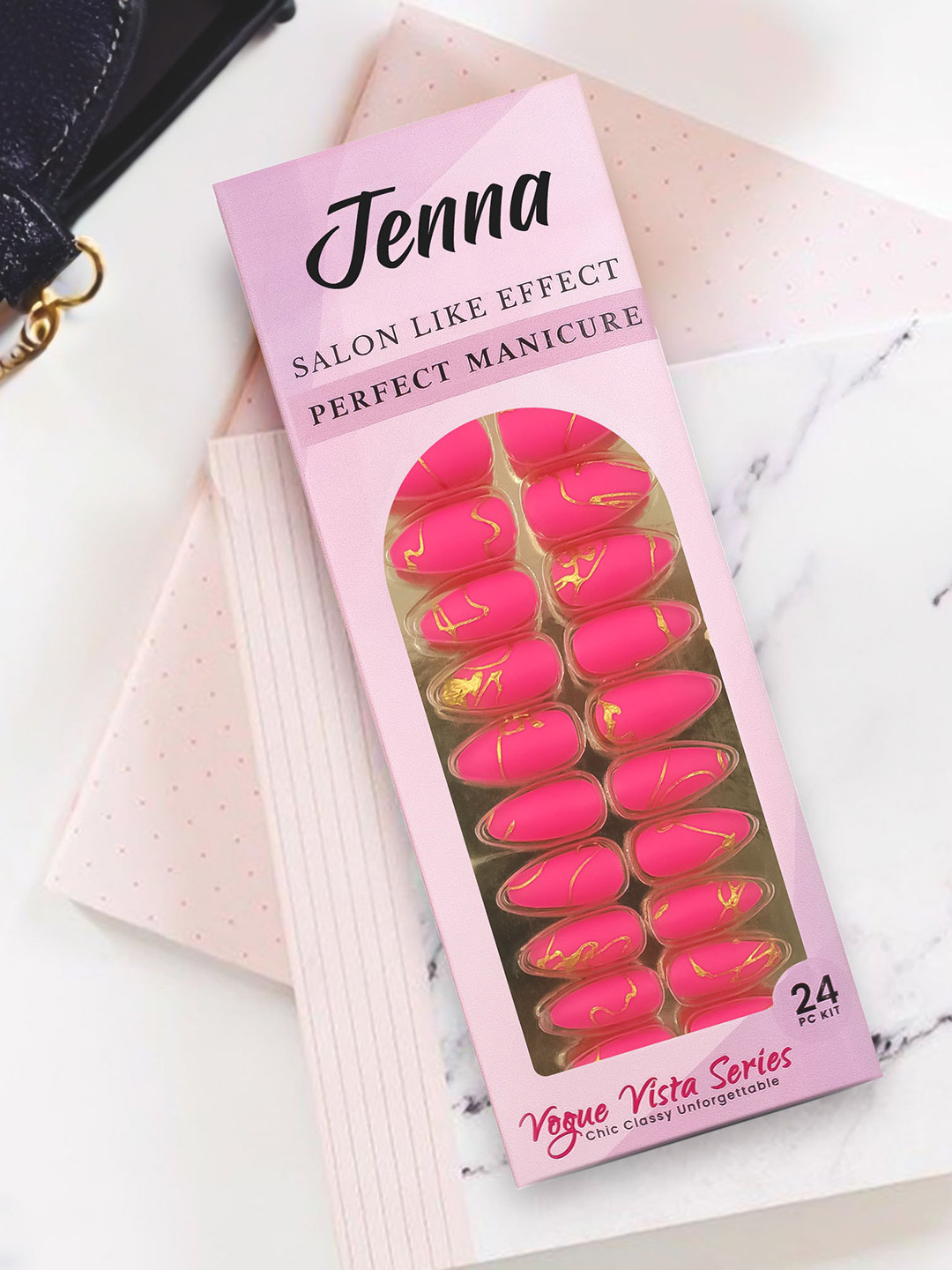 JENNA Set Of 24 French Tip Press On Acrylic Almond Shape Artificial Nails - Rose