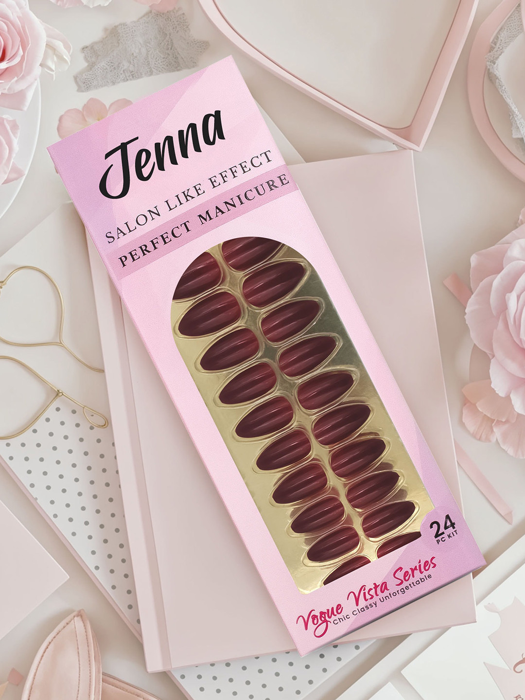 JENNA Set Of 24 French Tip Press On Acrylic Almond Shape Artificial Nails - Maroon