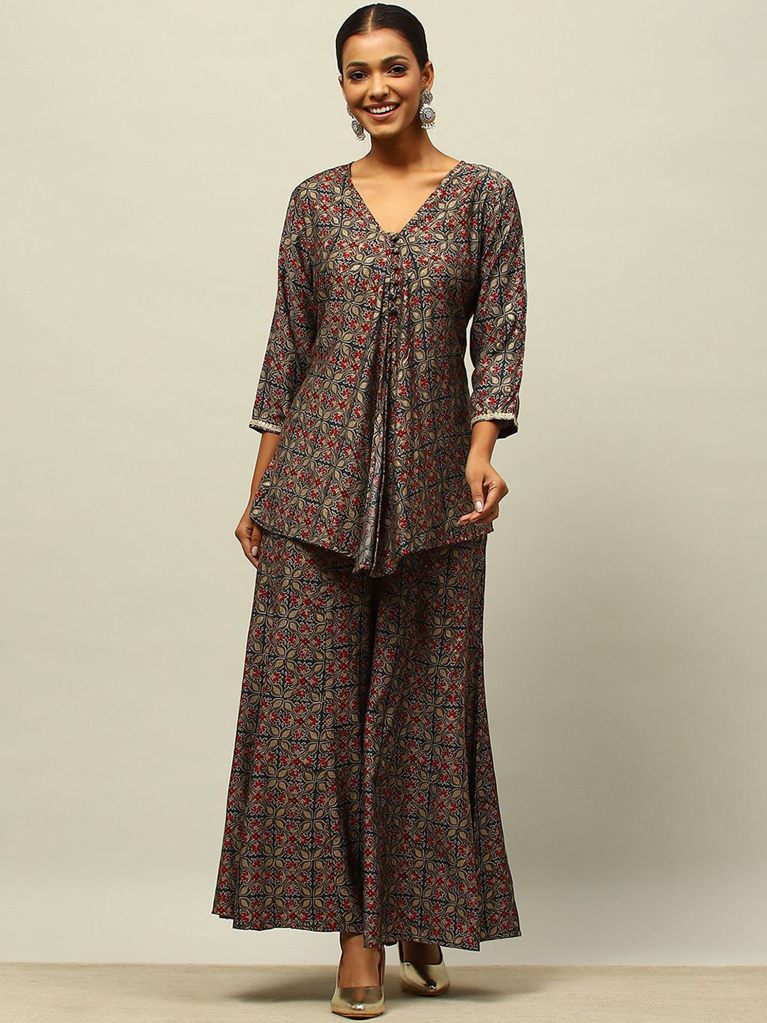 Rangriti Ethnic Motifs Printed Pleated V-Neck A-Line Kurti With Palazzo