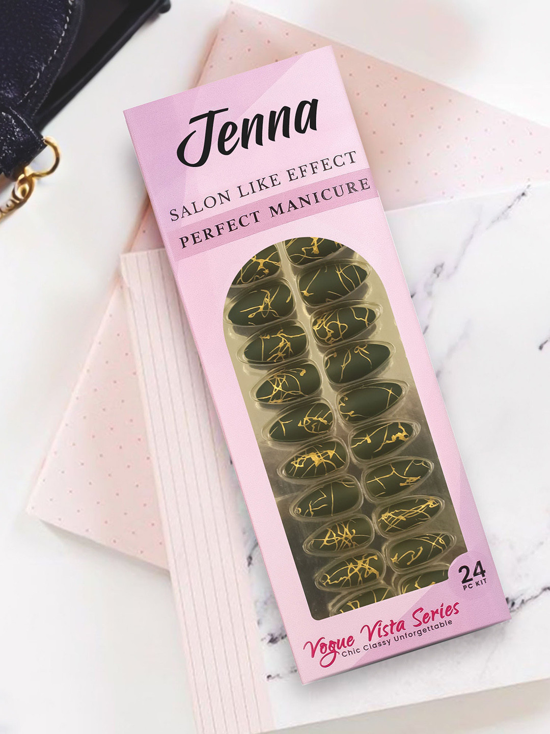 JENNA 24 Pcs French Tip Almond Shape Press-On Acrylic Artificial Nails - Dark Green