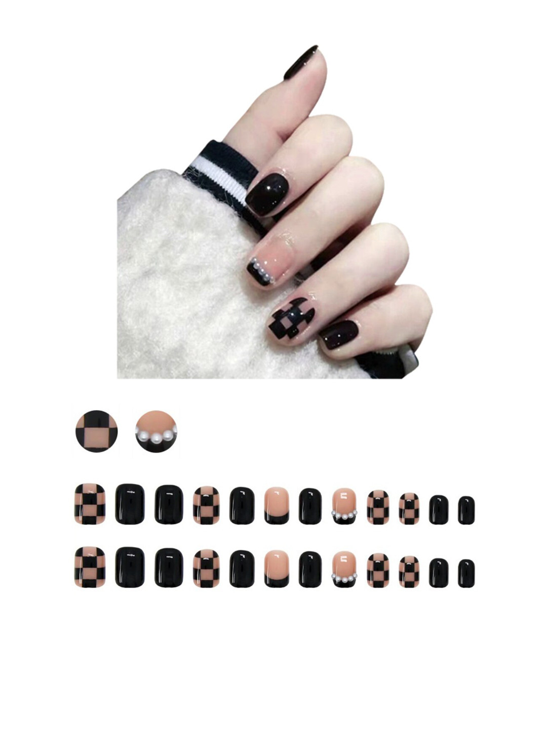 Secret Lives Translucent French with Pearls Fake Nails - Black