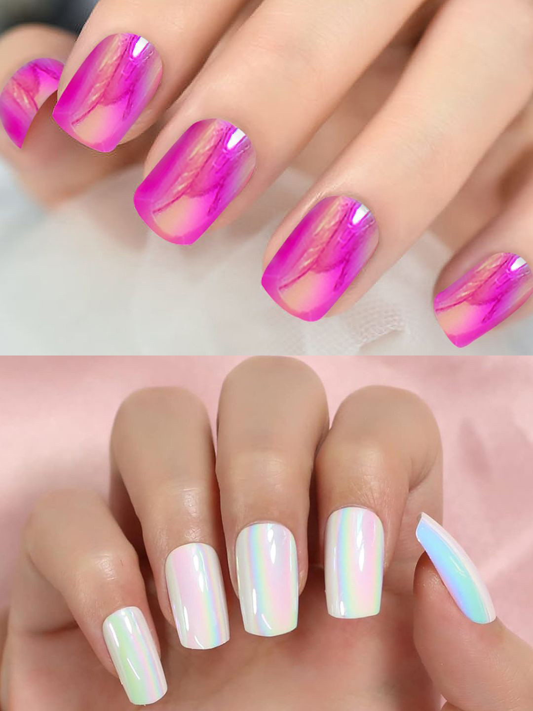 PRIVIU Set of 24 Stick On Nails Metallic Duochrome Fuchsia & White