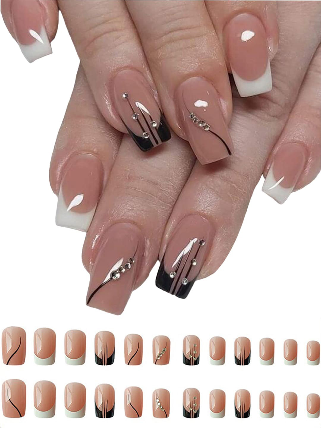 Secret Lives 24 Pcs French False Nails with Studs - Pink & Black