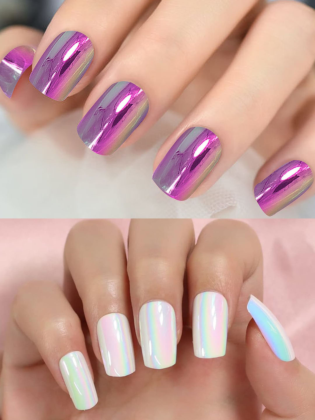 PRIVIU Set Of 24 Stick On Nails - Purple & White