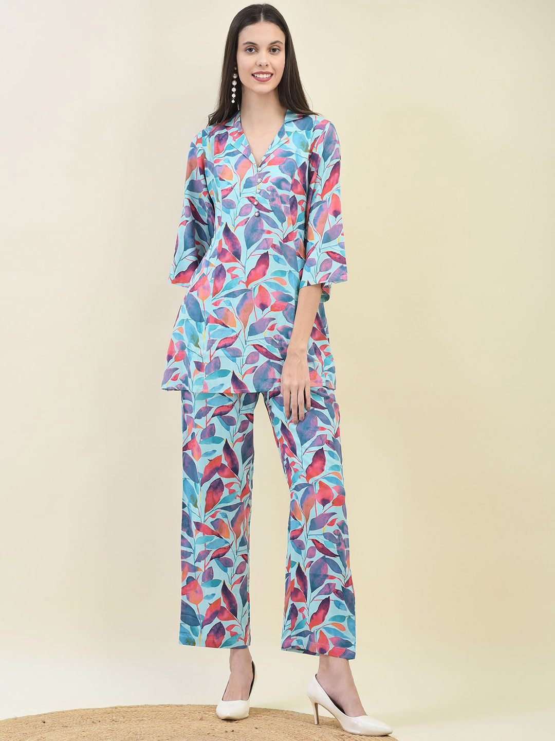 Shree Floral Printed Lapel Collar Three-Quarter Sleeves Top With Trouser