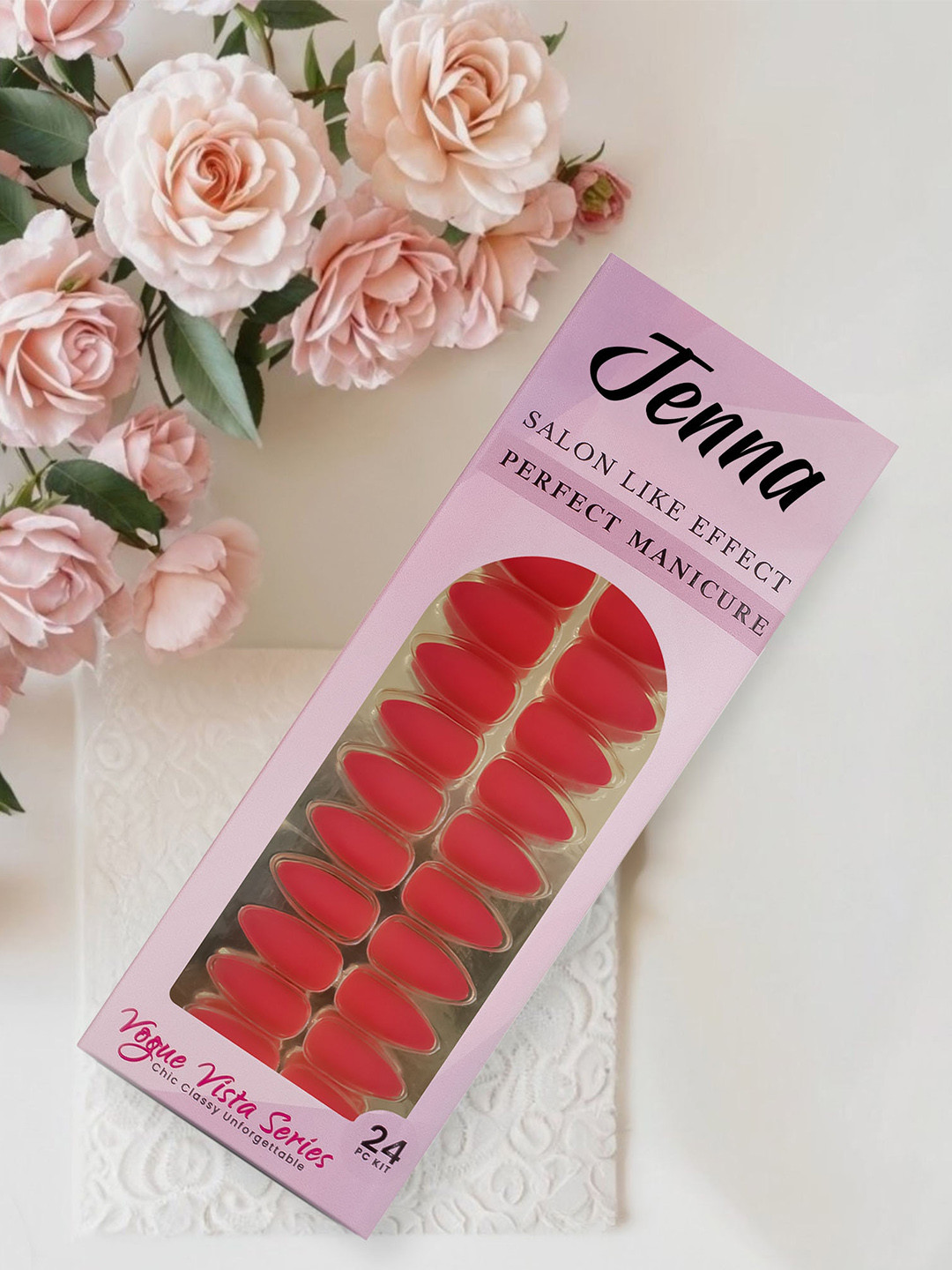 JENNA Set Of 24 French Tip Press On Acrylic Almond Shape Artificial Nails - Red