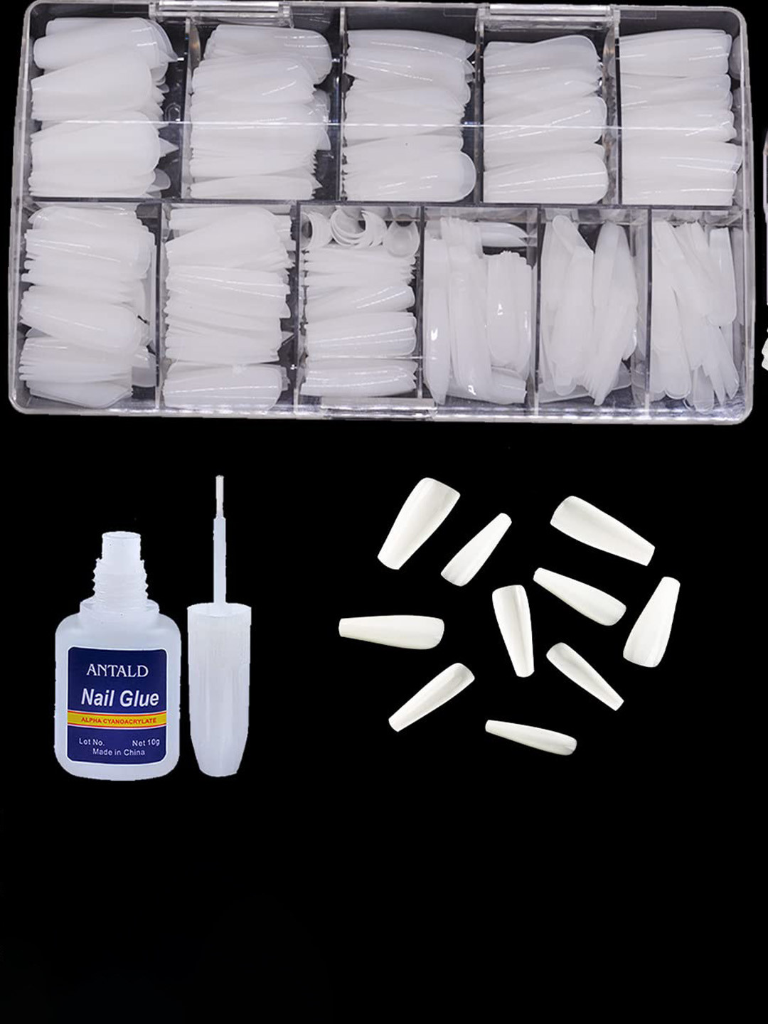 SYGA Set Of 240 T-Shape Artificial Nails With Glue Bottle - 10g - White