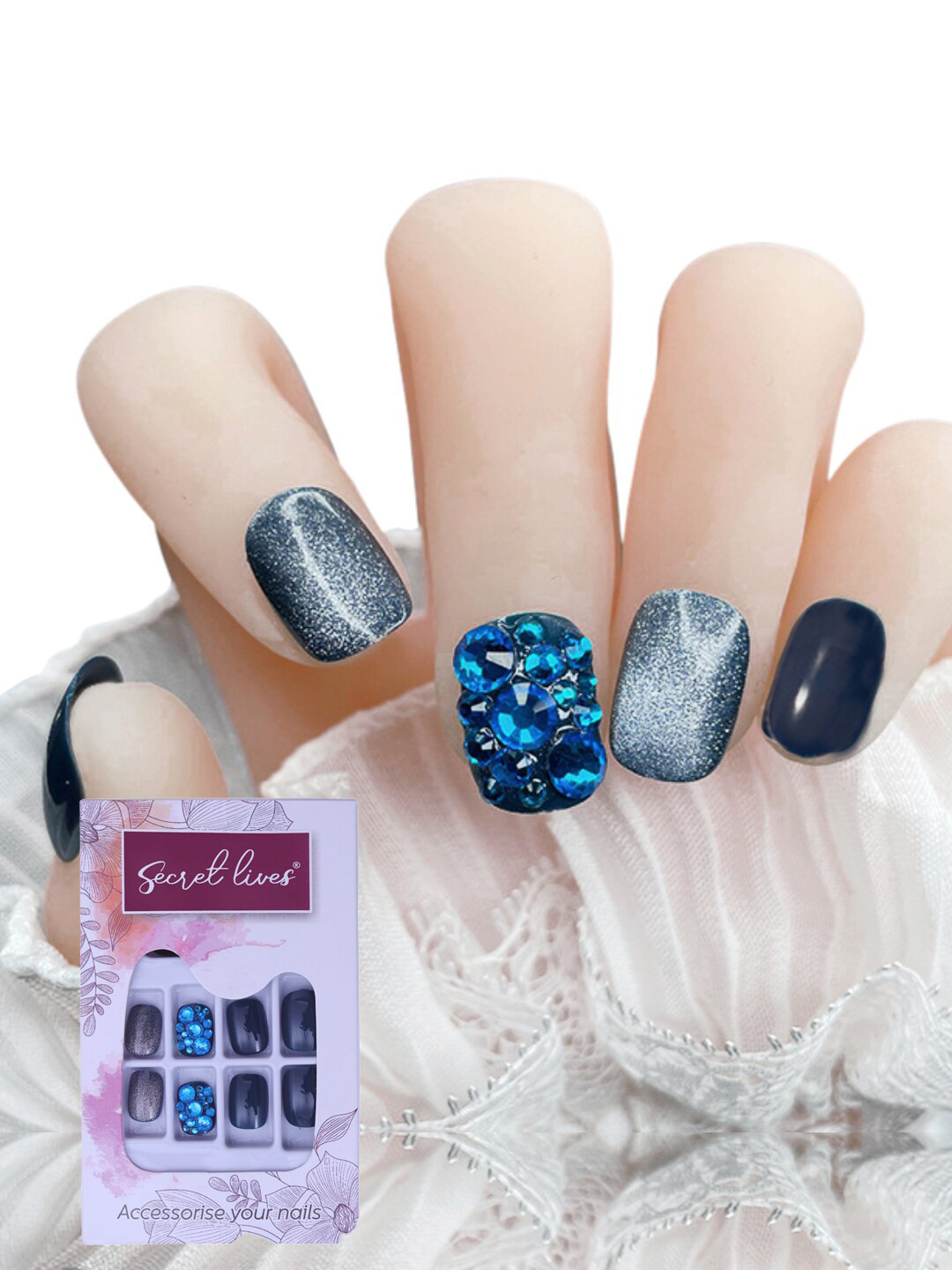 Secret Lives 24 Pieces Short Round Cat's Eye 3D Crystals Fake Nails