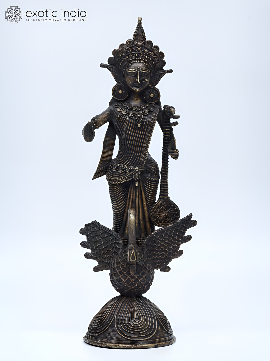 Exotic India Goddess Saraswati Standing on Swan Black Brass Metallic Prayer Room Medium Showpiece - 14.5 Inches
