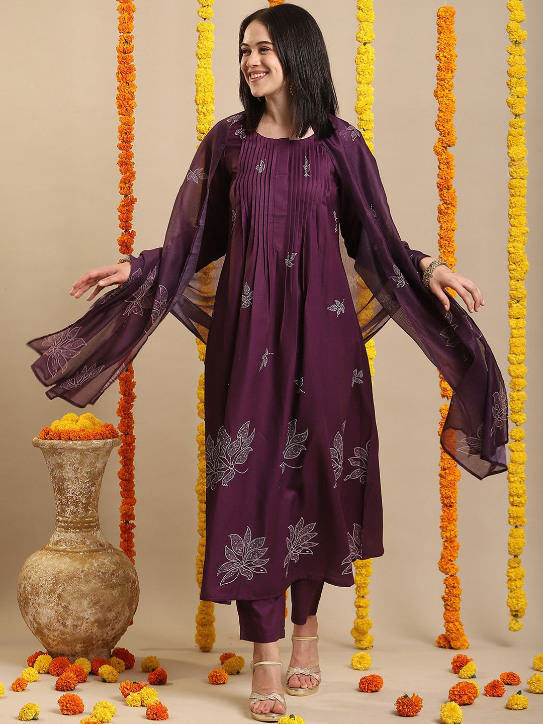 GoSriKi Floral Printed Pleated Kurta with Trouser & Dupatta