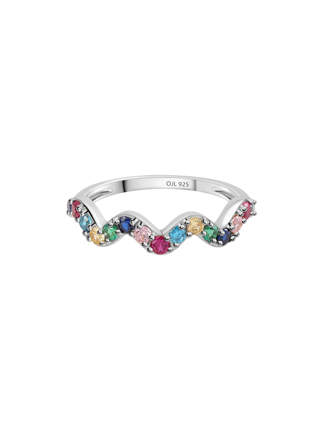 Ornate Jewels Rhodium-Plated 925 Sterling Silver CZ-Studded Rainbow Waves Finger Ring
