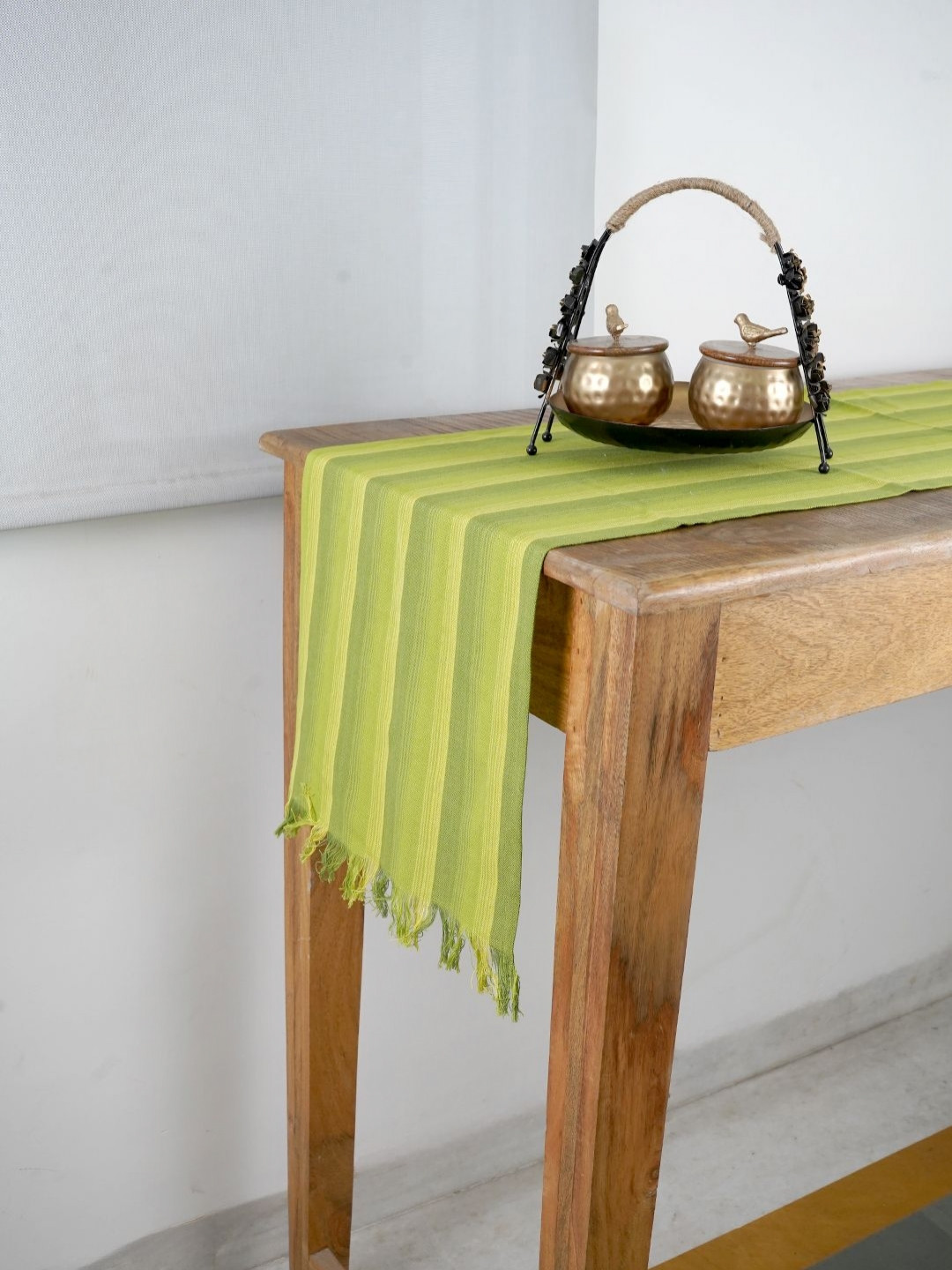 Ratan Cart Green Striped Pure Cotton Rectangular Table Runner