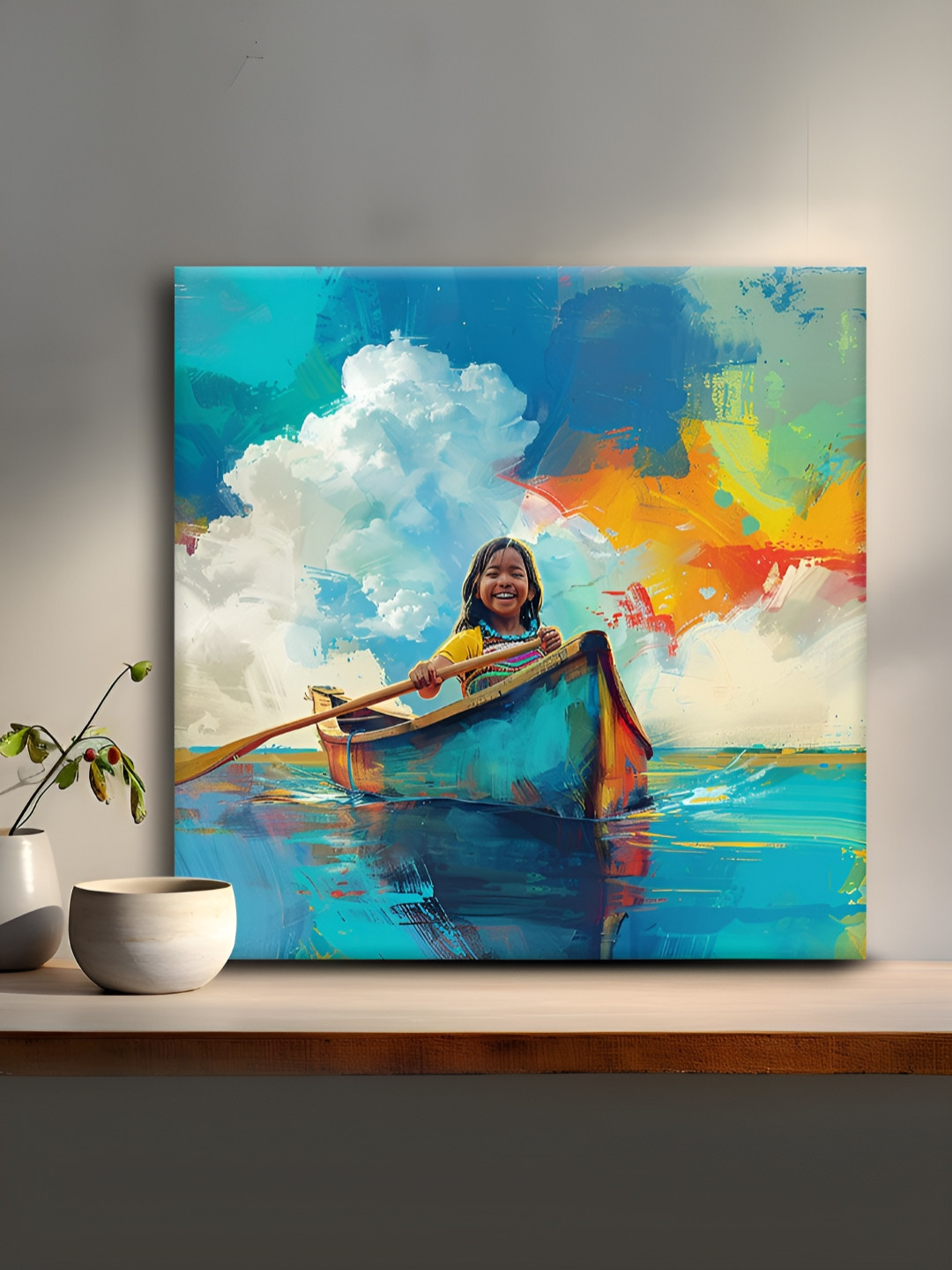 OLIVE TREE Blue & Orange Colored Kid & Boat Scenery Canvas Painting Wall Art