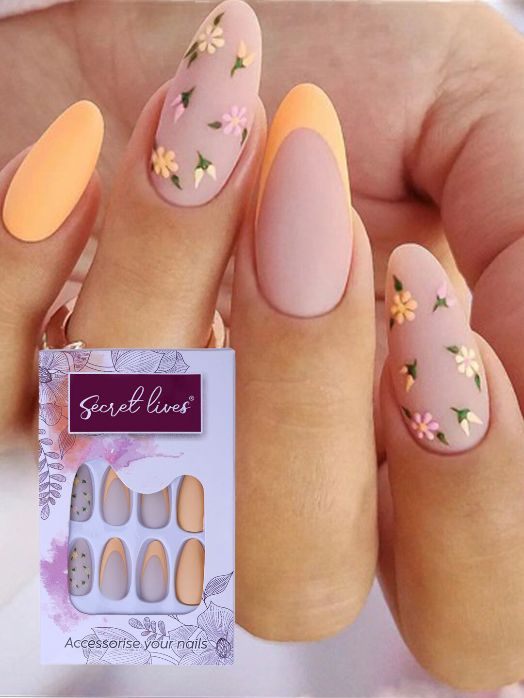 Secret Lives 24 Pcs Matte Almond Flower Design Fake Nail - Orange