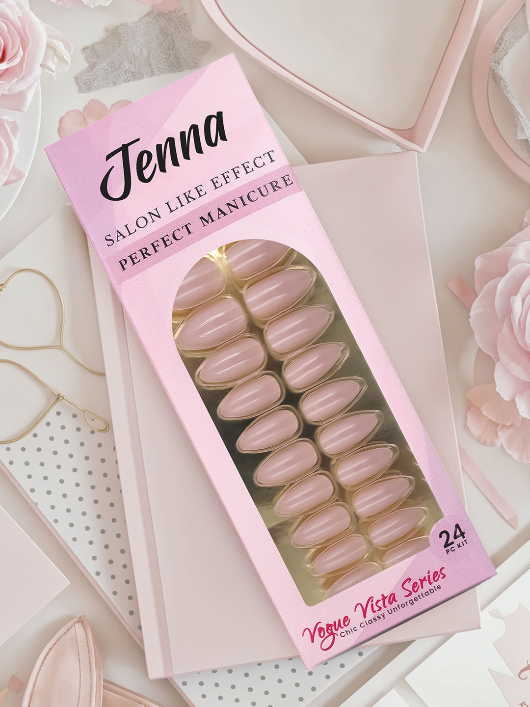 JENNA Set Of 24 French Tip Almond Shape Press On Nails -  Glossy Skin