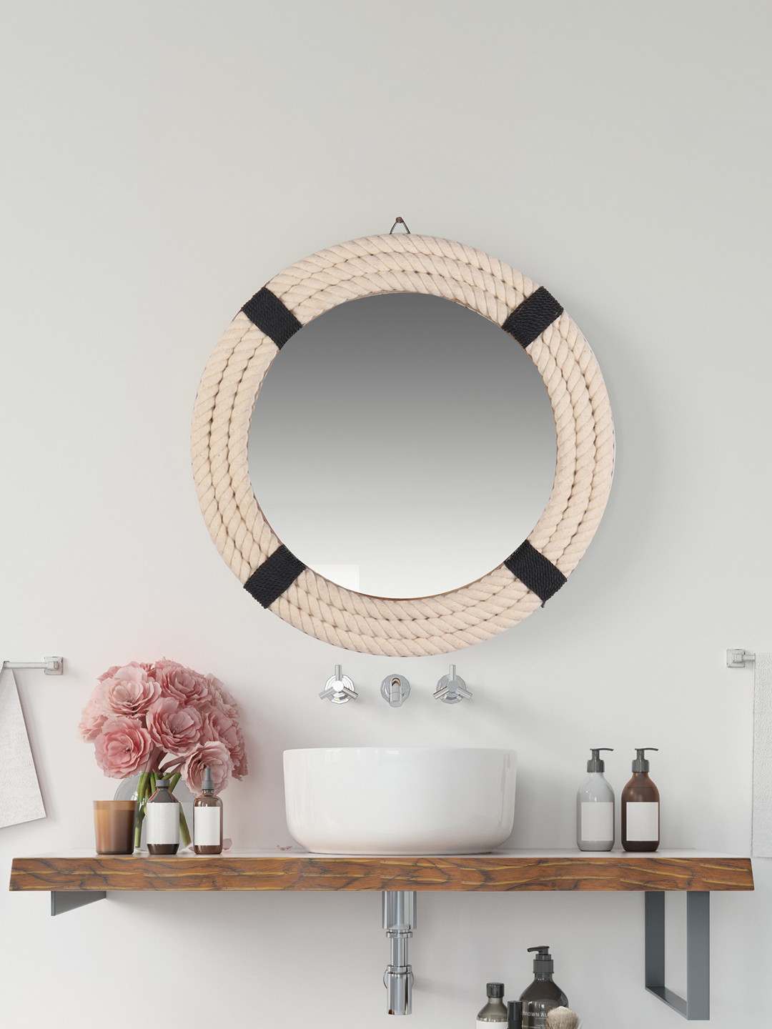 Creation India Craft Transparent & Pink Textured Round Shaped Nautical Rope Wall Mirror