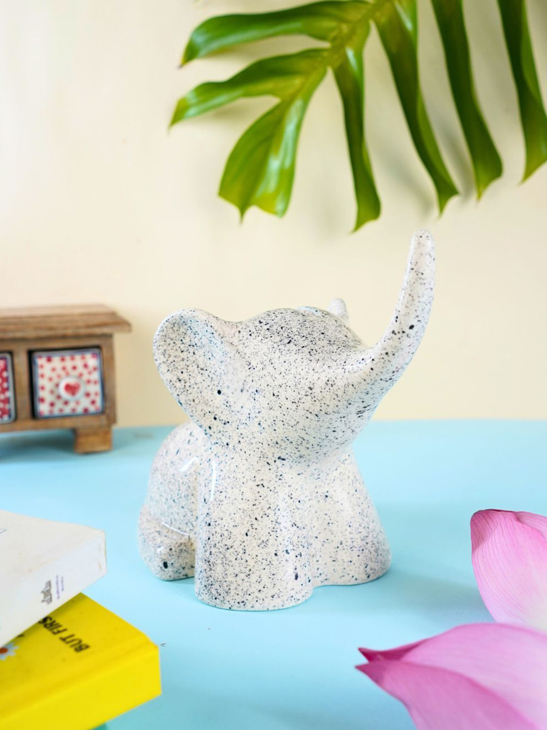 WEAVING HOMES Ele Piggy Bank White Ceramic Natural Garden Small Showpiece -