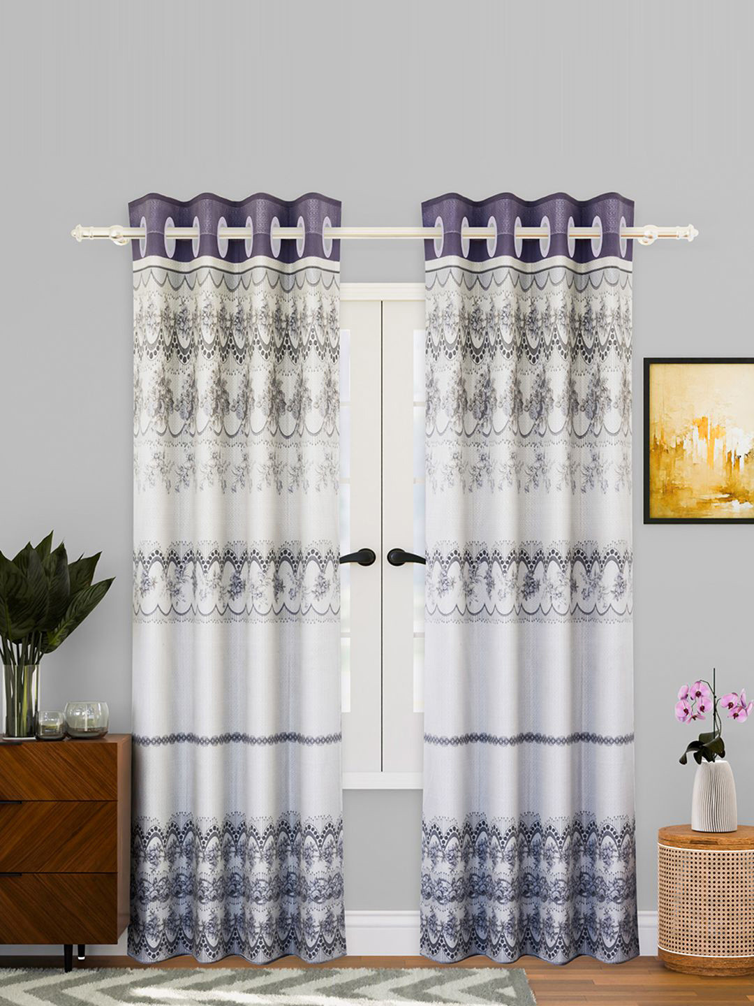 Kuber Industries Grey & Cream 2 Pieces Ethnic Motifs Cotton Door Curtain