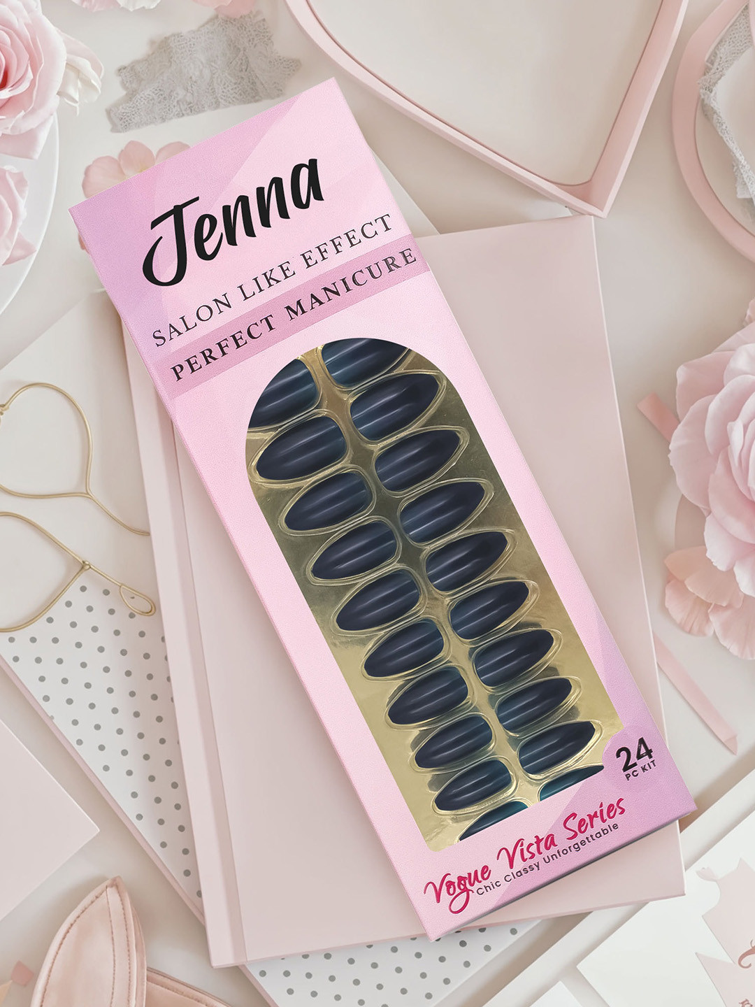 JENNA Set Of 24 French Tip Almond Shape Press On Nails - Dark Blue